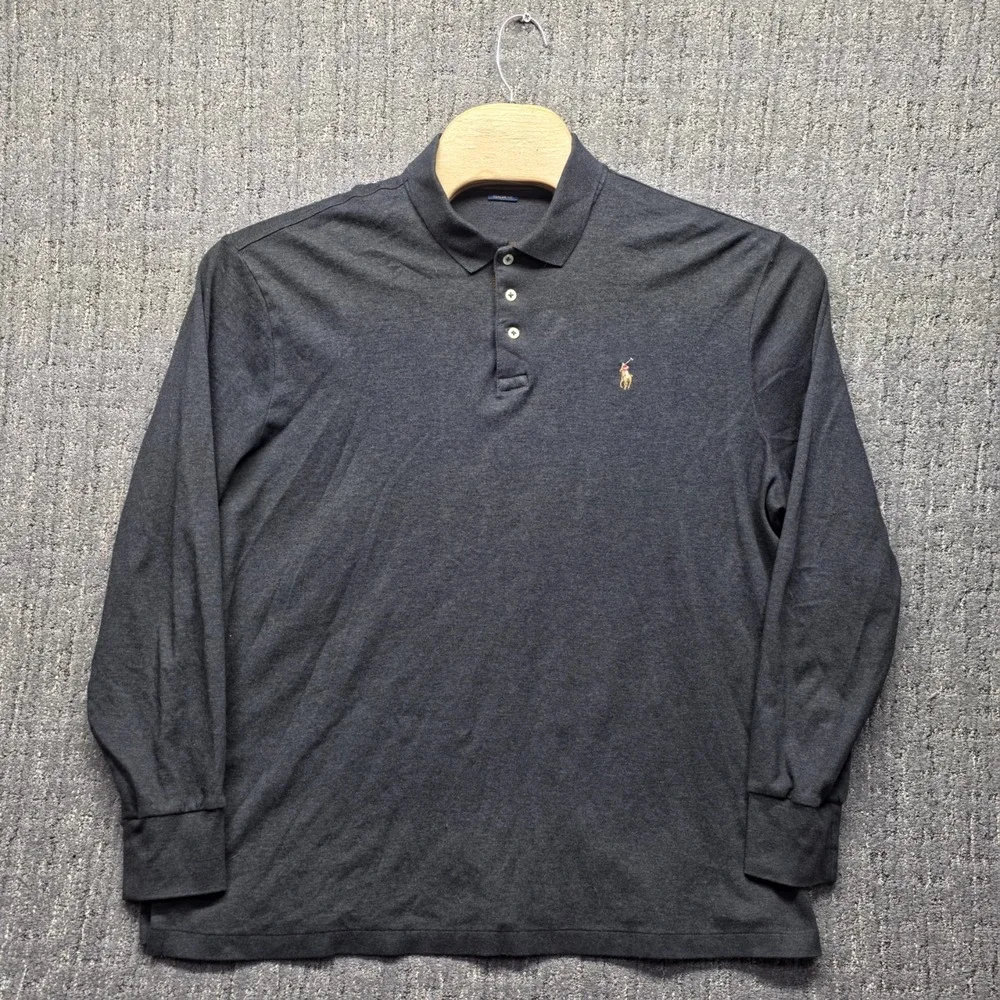 Polo Ralph Lauren Mens Long Sleeve Polo Shirt XL Gray Suede Trim Placket Classic